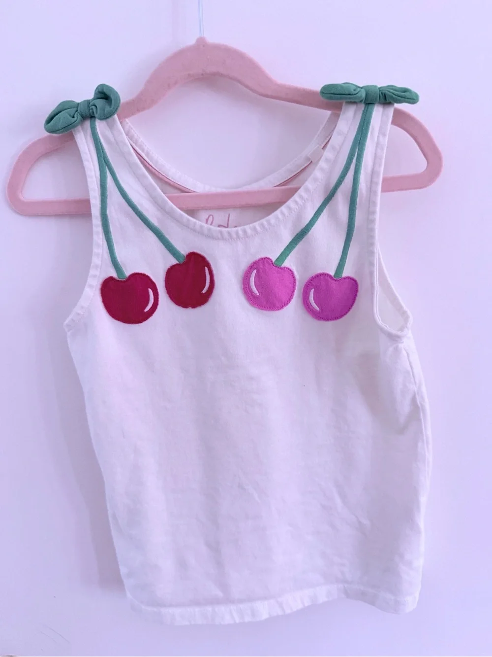 Mini Boden White Tank Top with Red and Pink Cherry Appliqués